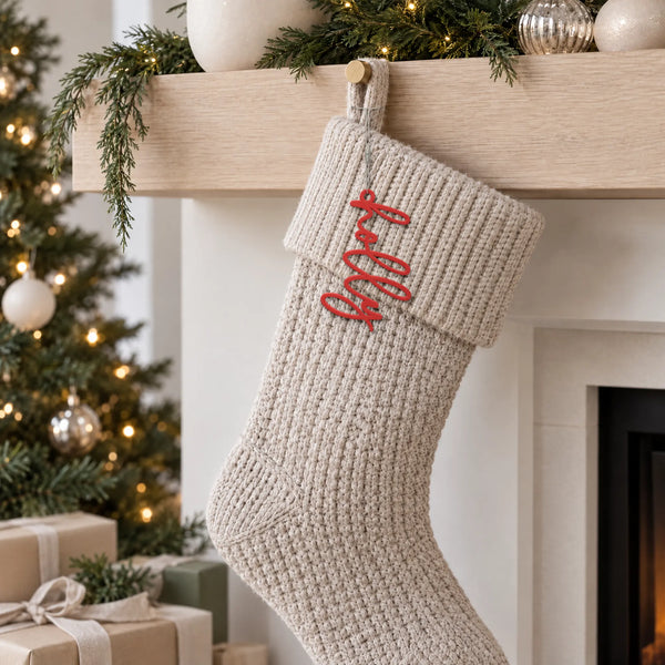 Personalized Script Christmas Stocking Tag, Santa Cata font: stocking hang lifestyle