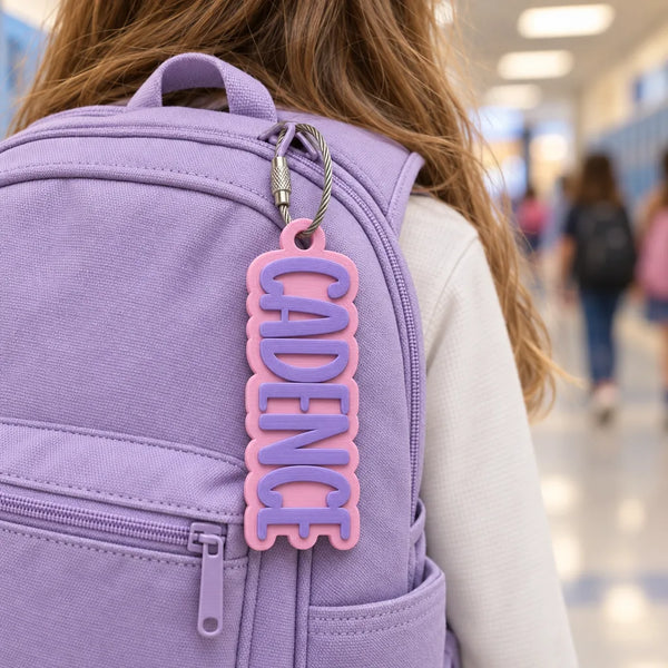 Personalized Tumbler Bag Tag, Simple Tumbler font: worn backpack hallway