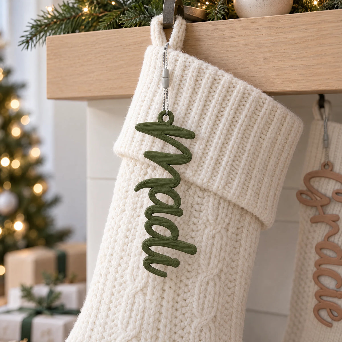 Personalized Holiday Wishes Stocking Tag, Holiday Wishes font: stocking hang lifestyle