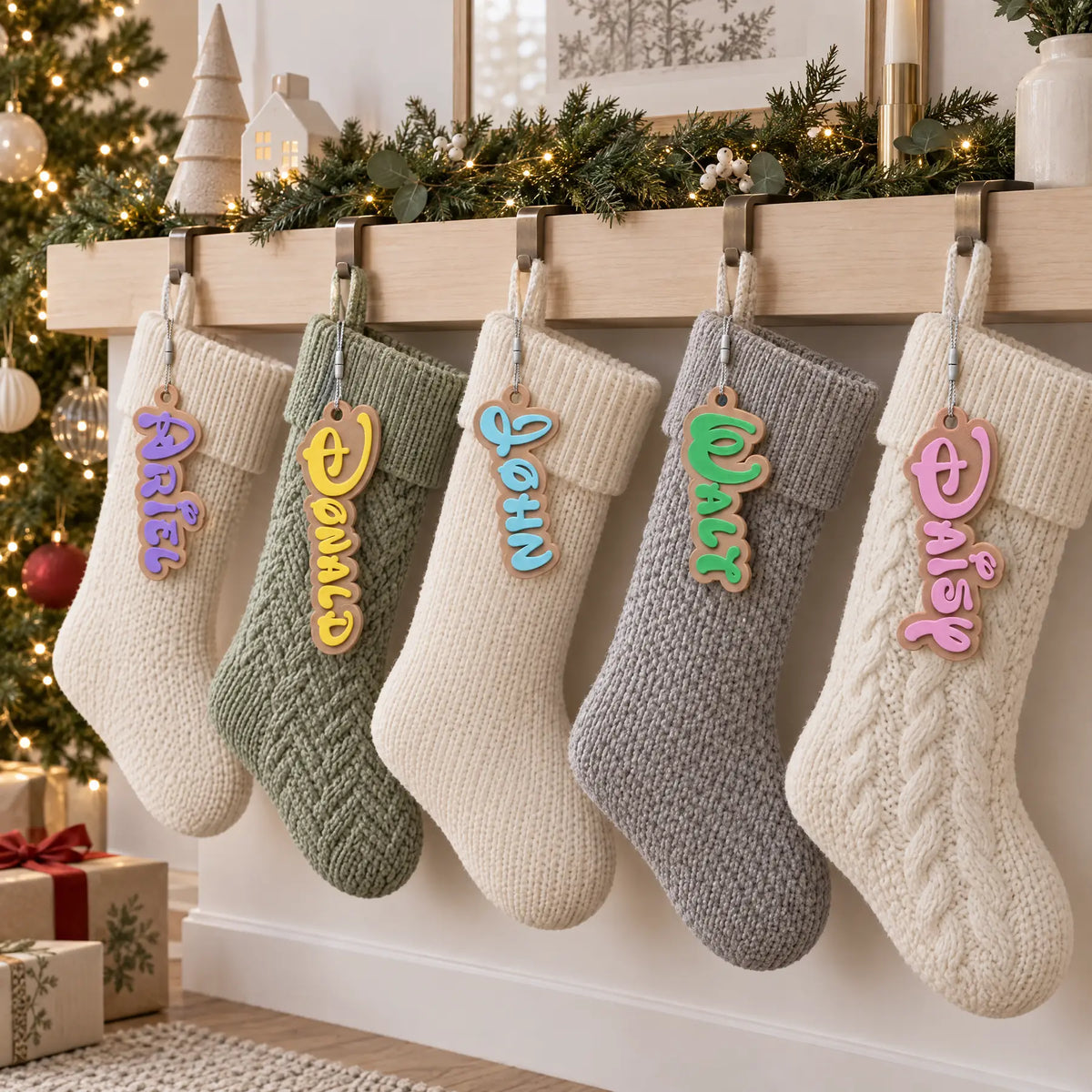 Personalized Wonder Christmas Stocking Tag, Wonder Day font: mantel tree stockings