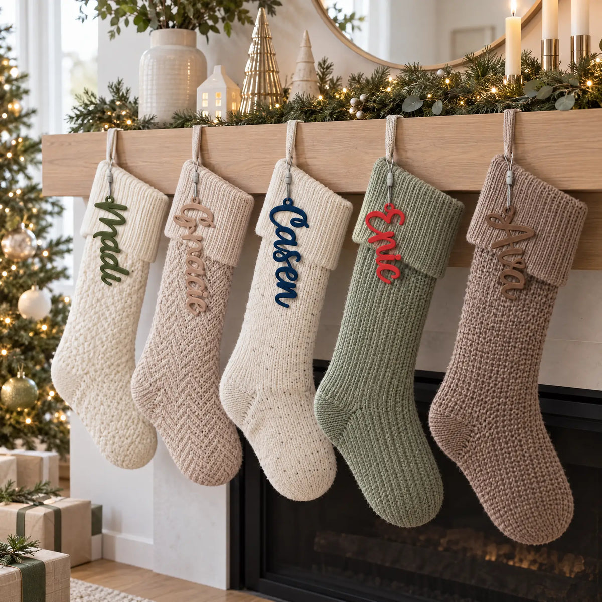 Personalized Holiday Wishes Stocking Tag, Holiday Wishes font: mantel tree stockings