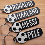 personalized soccer keychain — front view — custom name, 3D-printed PLA soccer ball shape | CustomKeychain.co