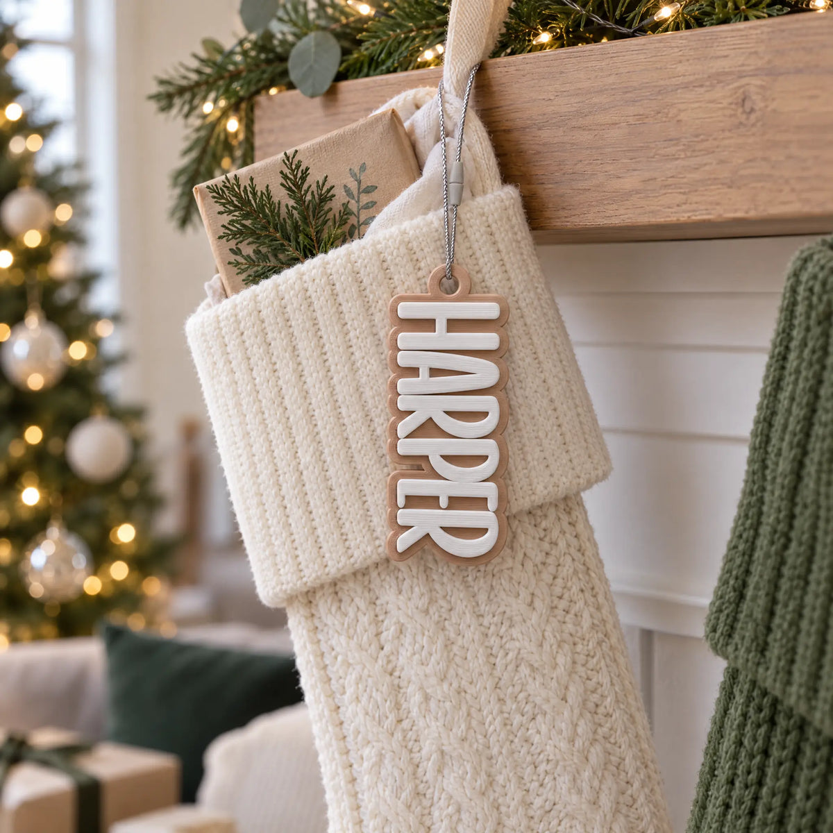 Block Letter stocking name tag hanging on the cuff of a knit Christmas stocking by the fireplace