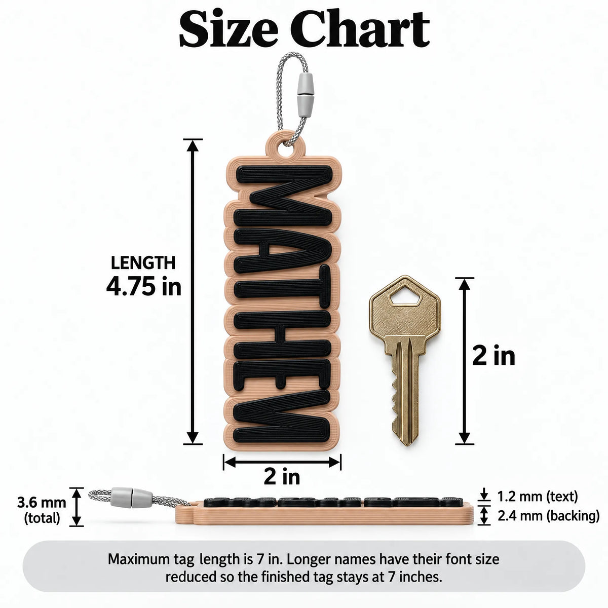 Block Letter Christmas Stocking Name Tag size chart: about 4.75 in long, 2 in wide, beside a house key; 7 in max