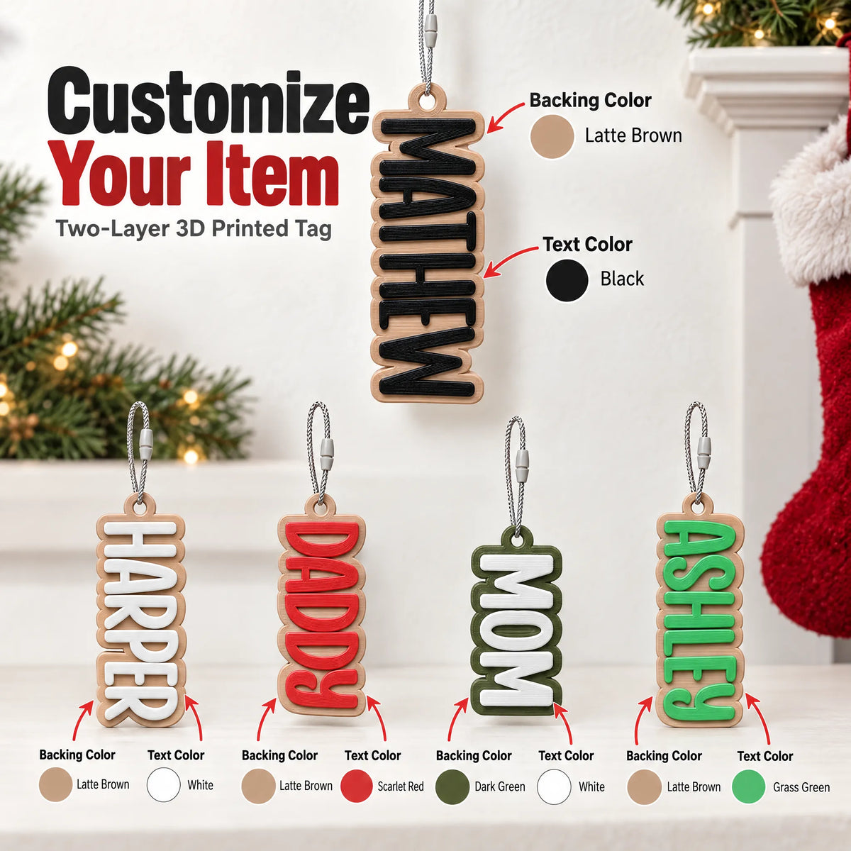 Customize your Block Letter Christmas Stocking Name Tag: pick the letter and backing colors for each name