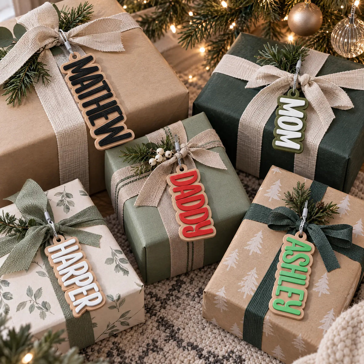 Block Letter stocking name tags tied on wrapped Christmas presents as personalized gift tags