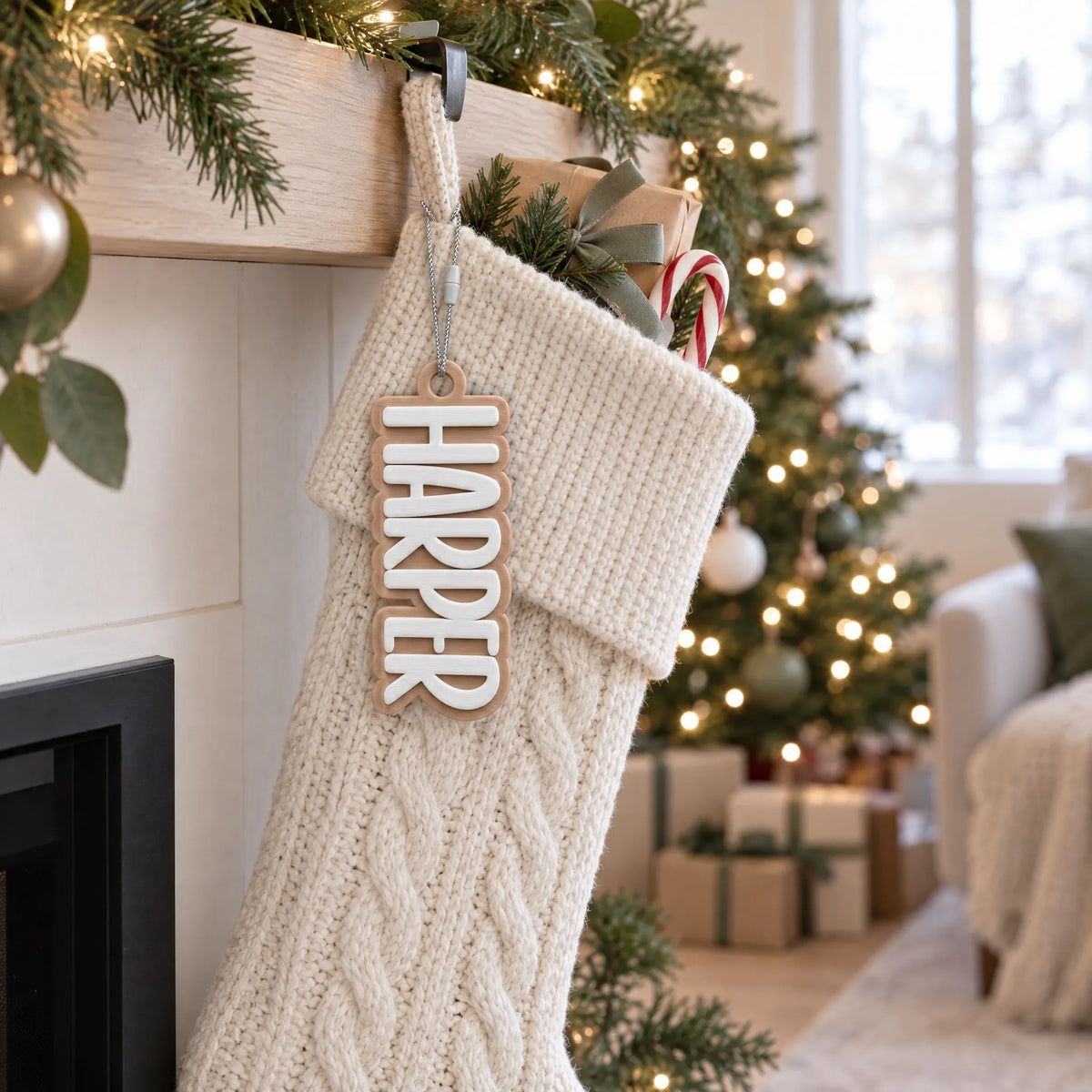 Block Letter Christmas Stocking Name Tag hanging on a Christmas stocking on Christmas morning