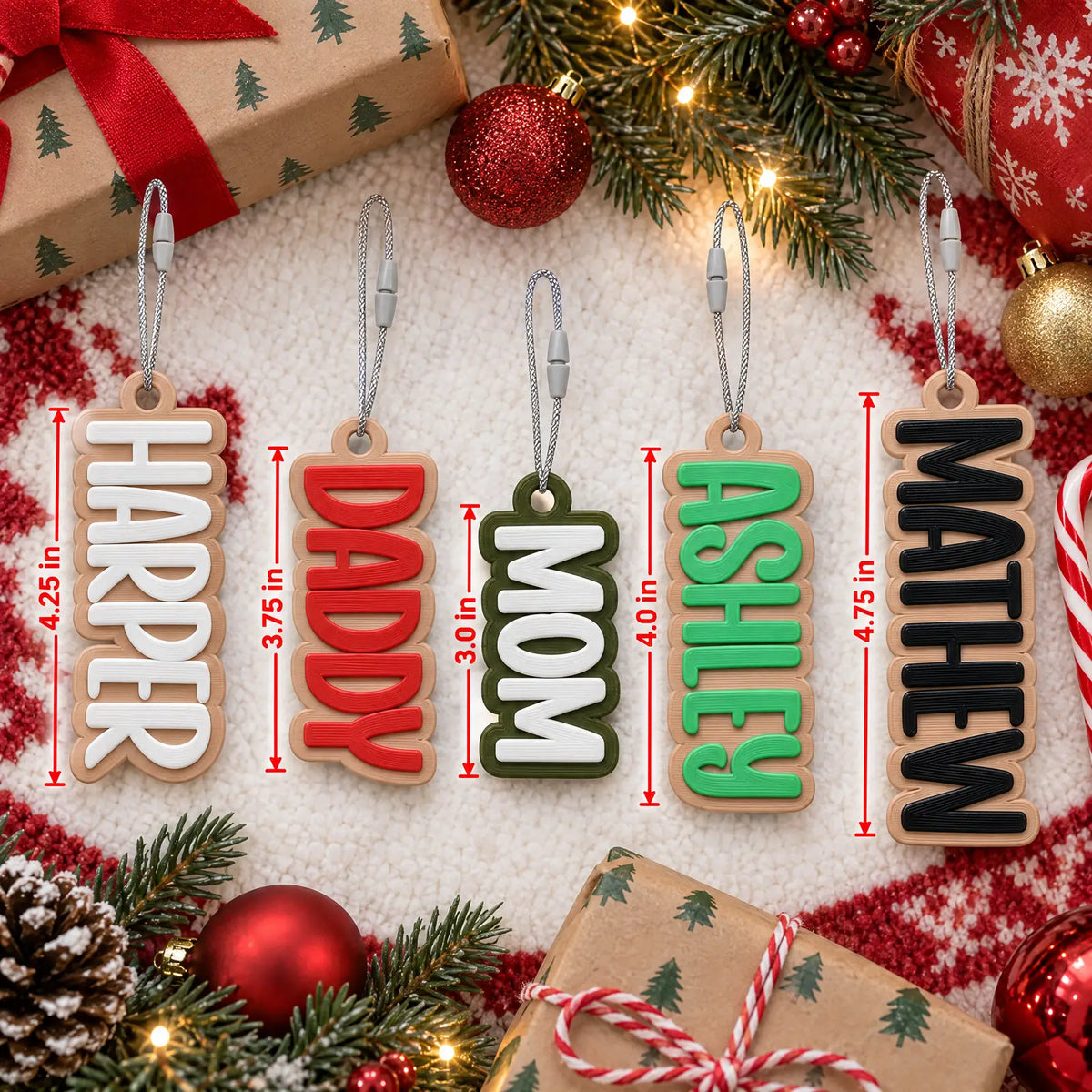 Flat lay of Block Letter stocking name tags with ornaments, showing how tag length changes with each name