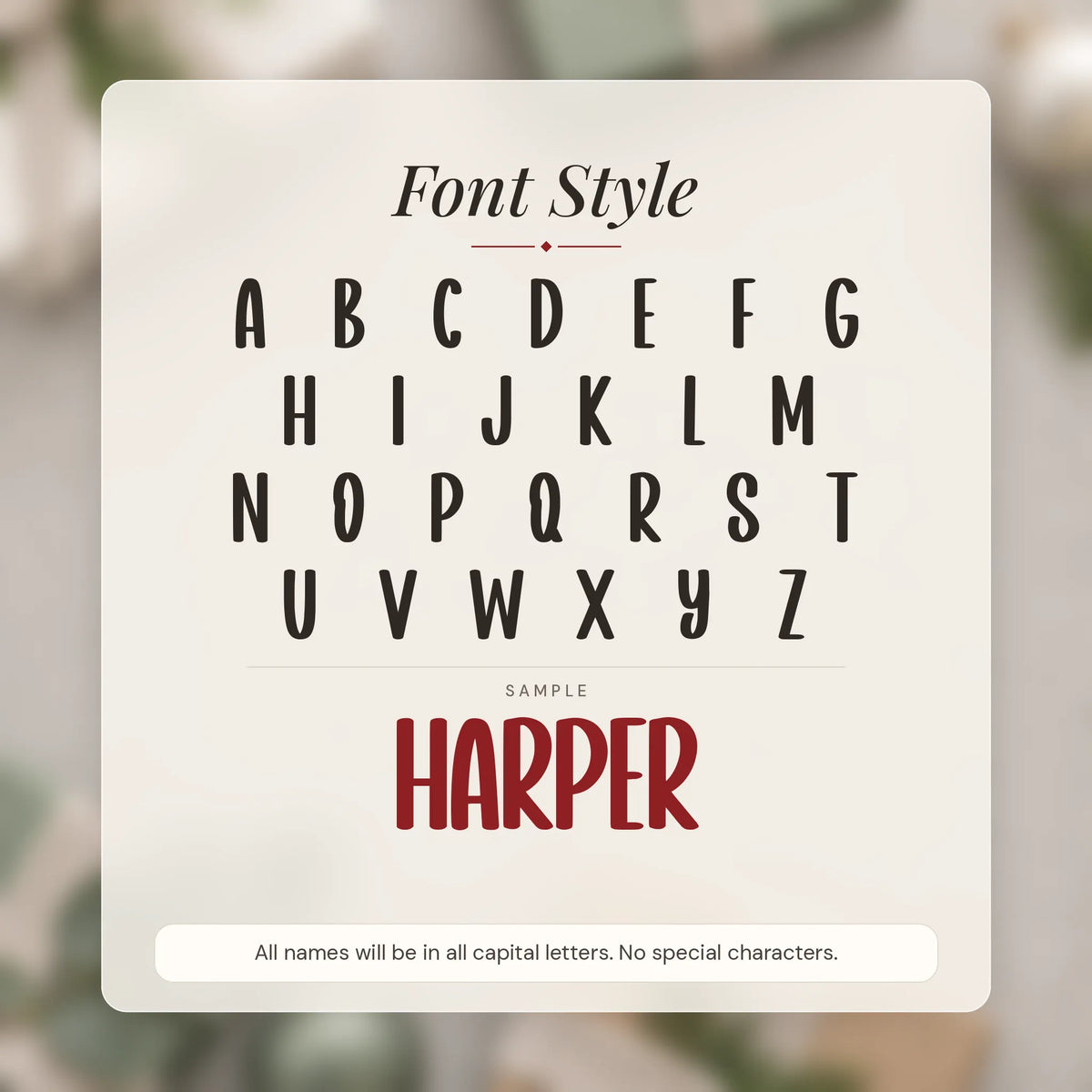 Block Letter Christmas Stocking Name Tag letter guide A to Z: all capital letters, no special characters