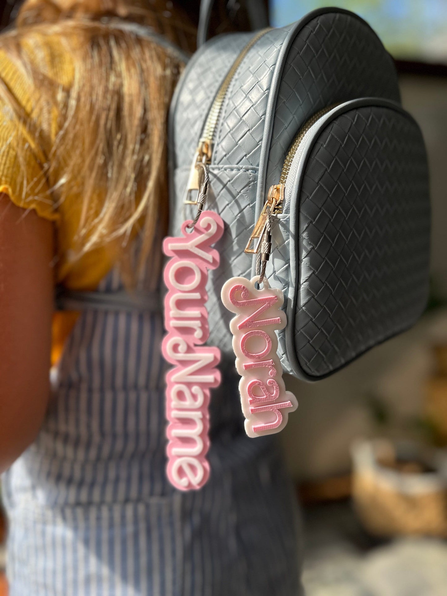 Personalized script name bag tag, doll-style lettering cutout — photo 1