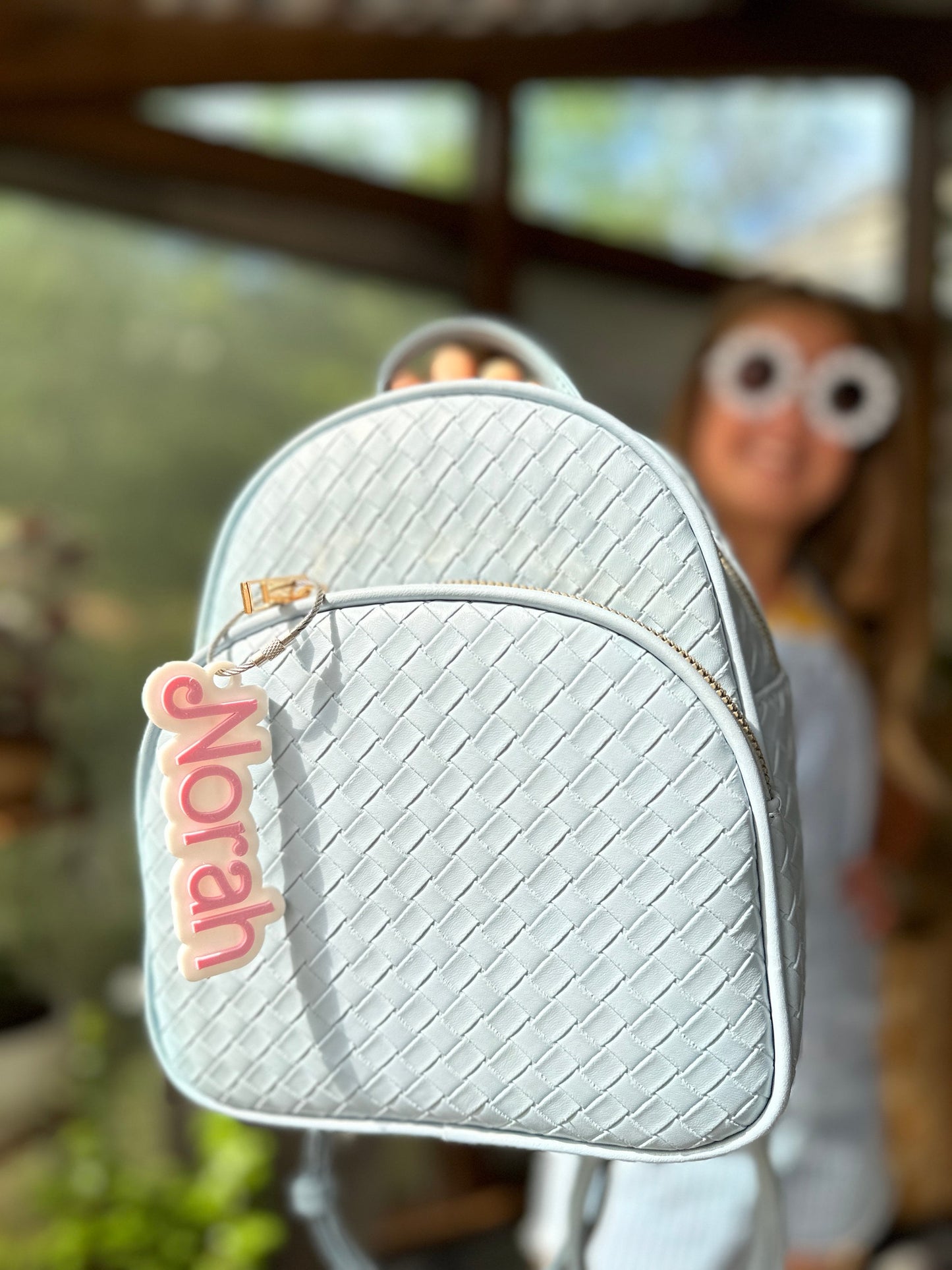 Personalized script name bag tag, doll-style lettering cutout — photo 2