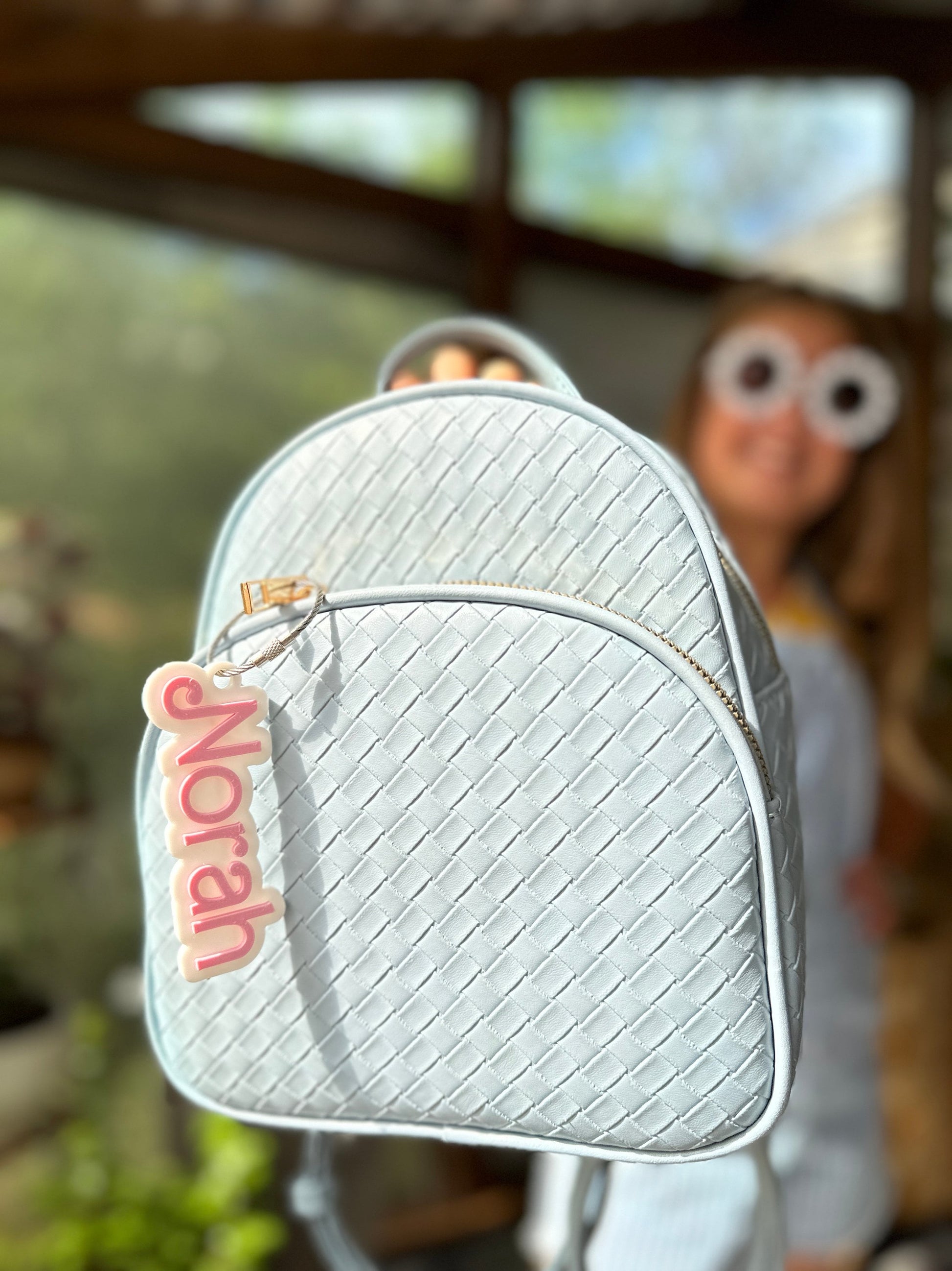 Personalized script name bag tag, doll-style lettering cutout — photo 2
