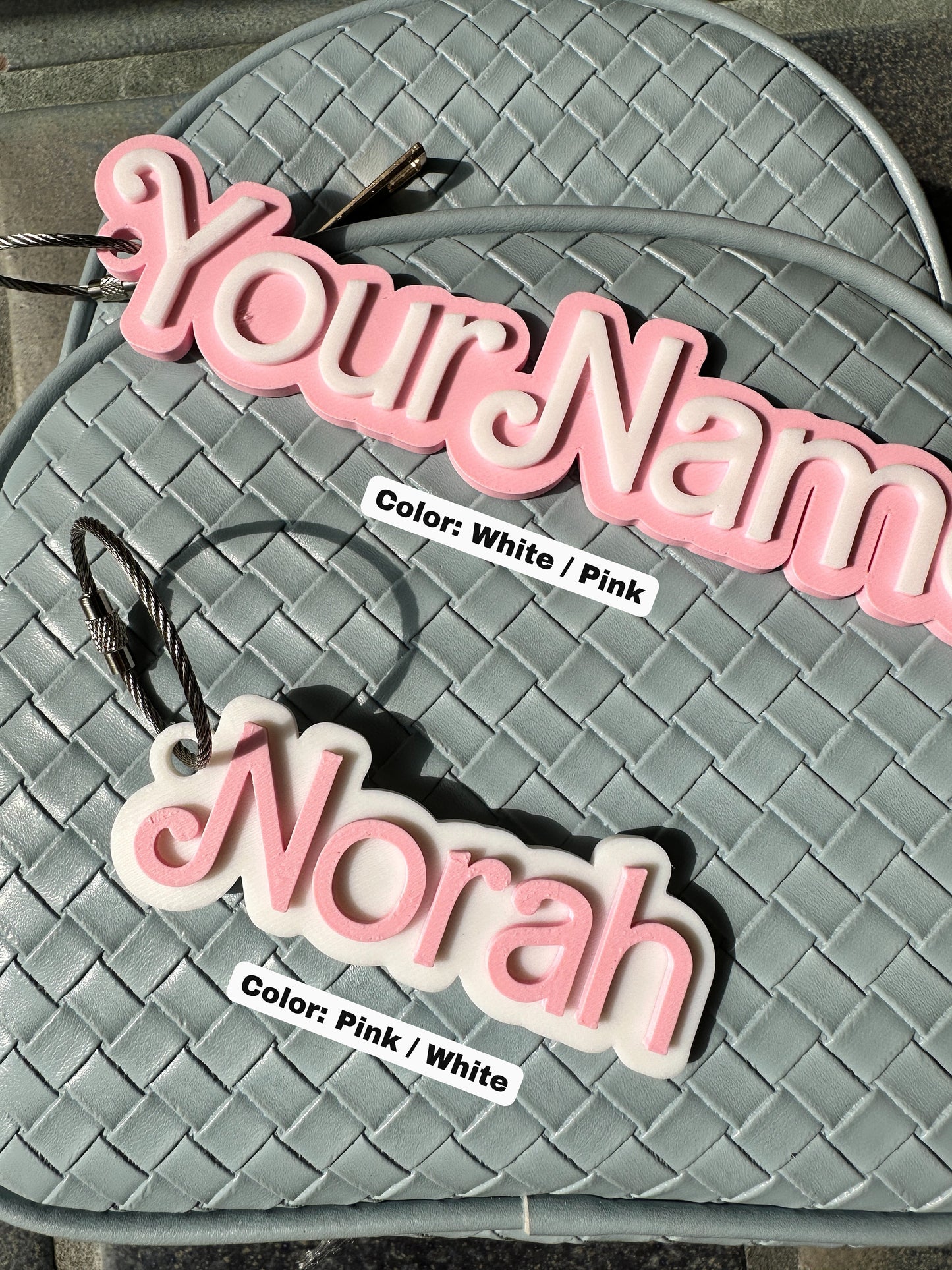 Personalized script name bag tag, doll-style lettering cutout — photo 3