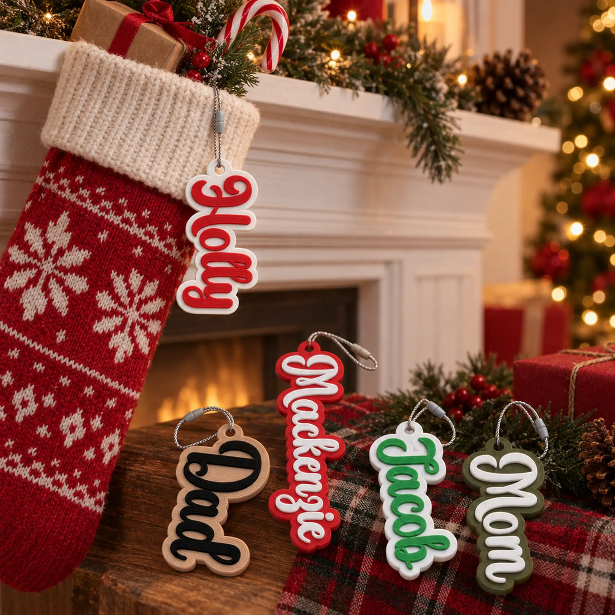 Bubble Script stocking name tag hanging on the cuff of a knit Christmas stocking by the fireplace