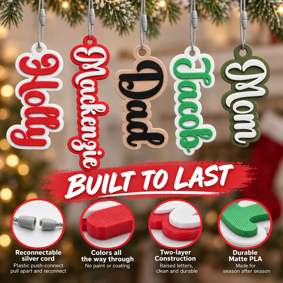 Bubble Script Christmas Stocking Name Tag details: silver cord, color all the way through, two-layer build, matte PLA