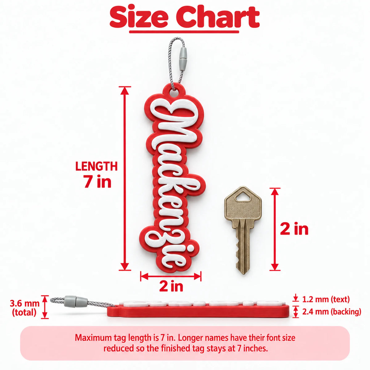 Bubble Script Christmas Stocking Name Tag size chart: about 7 in long, 2 in wide, beside a house key; 7 in max