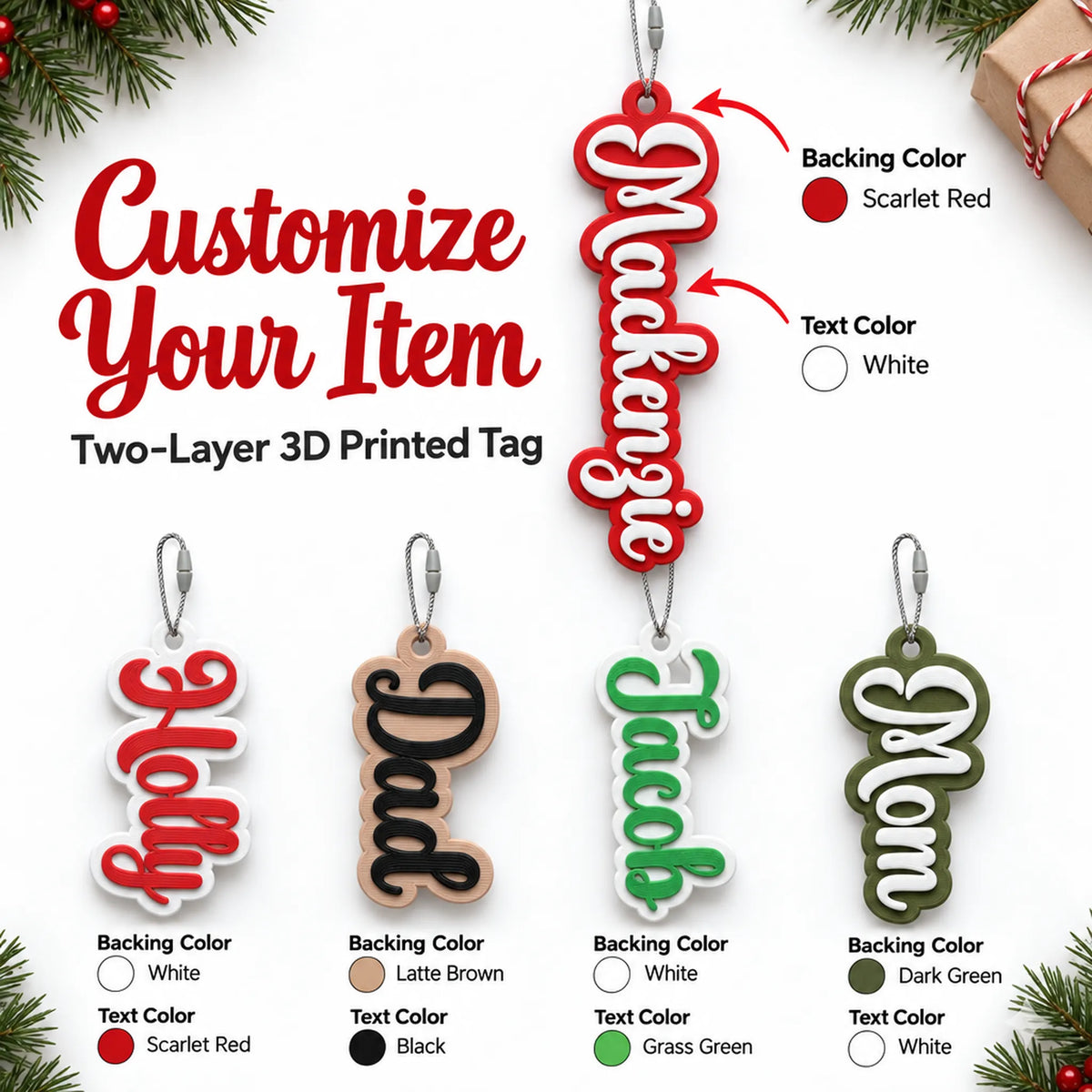 Customize your Bubble Script Christmas Stocking Name Tag: pick the letter and backing colors for each name