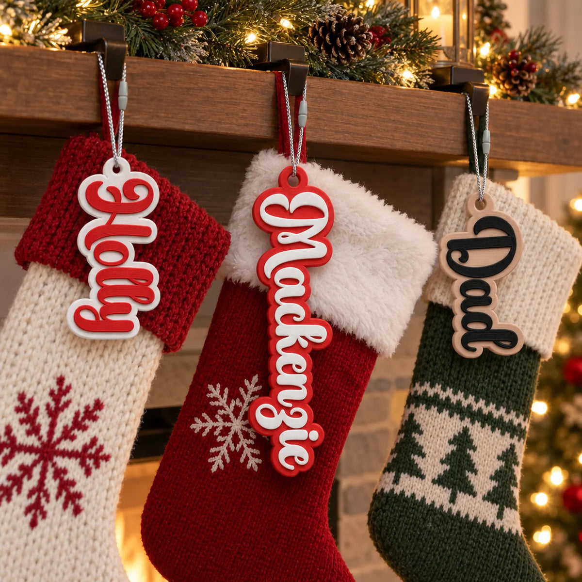 Bubble Script stocking name tags on a row of Christmas stockings along a mantel with a decorated tree
