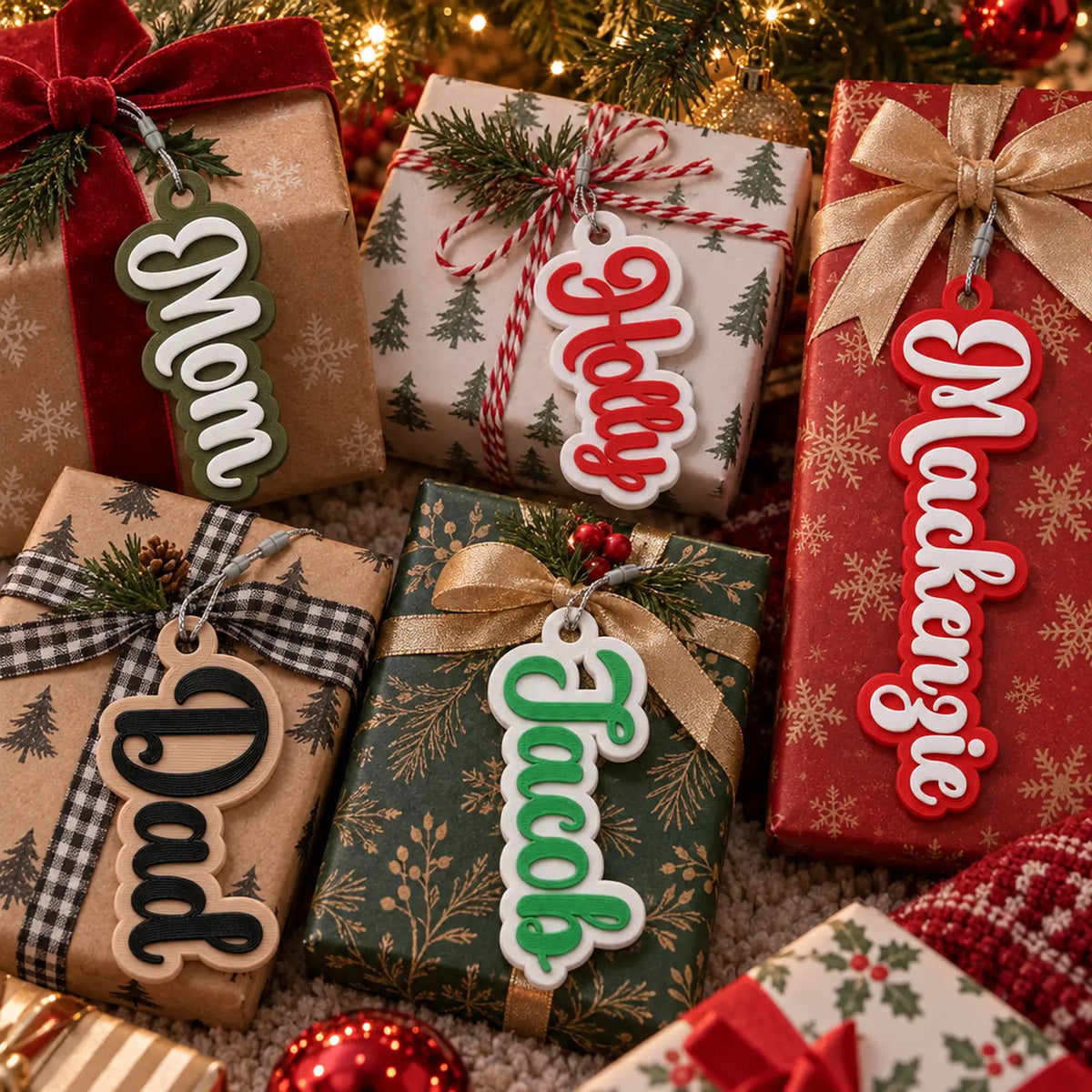 Bubble Script stocking name tags tied on wrapped Christmas presents as personalized gift tags