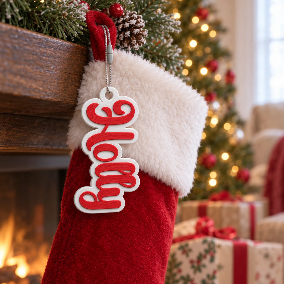 Bubble Script Christmas Stocking Name Tag hanging on a Christmas stocking on Christmas morning