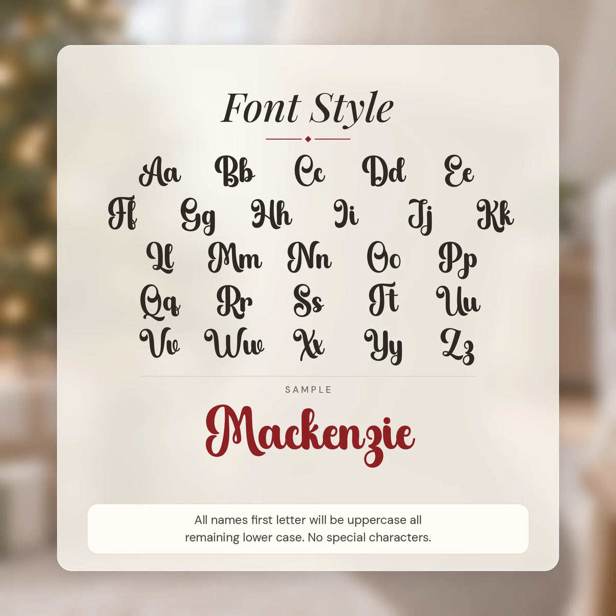 Bubble Script Christmas Stocking Name Tag letter guide A to Z: first letter capital, the rest lowercase
