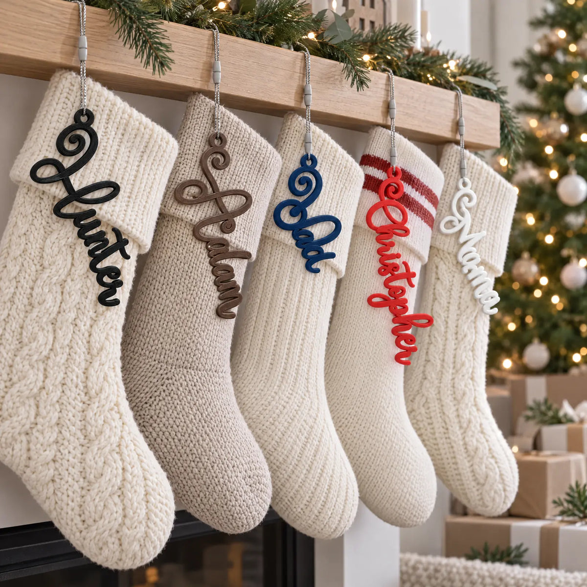 Elegant Script stocking name tag hanging on the cuff of a knit Christmas stocking by the fireplace