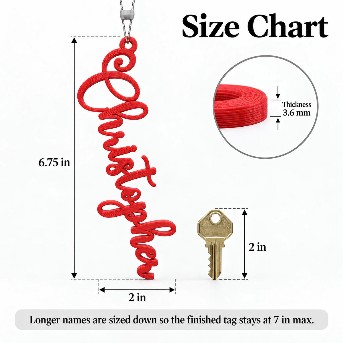 Elegant Script Christmas Stocking Name Tag size chart: about 6.75 in long, 2 in wide, beside a house key; 7 in max