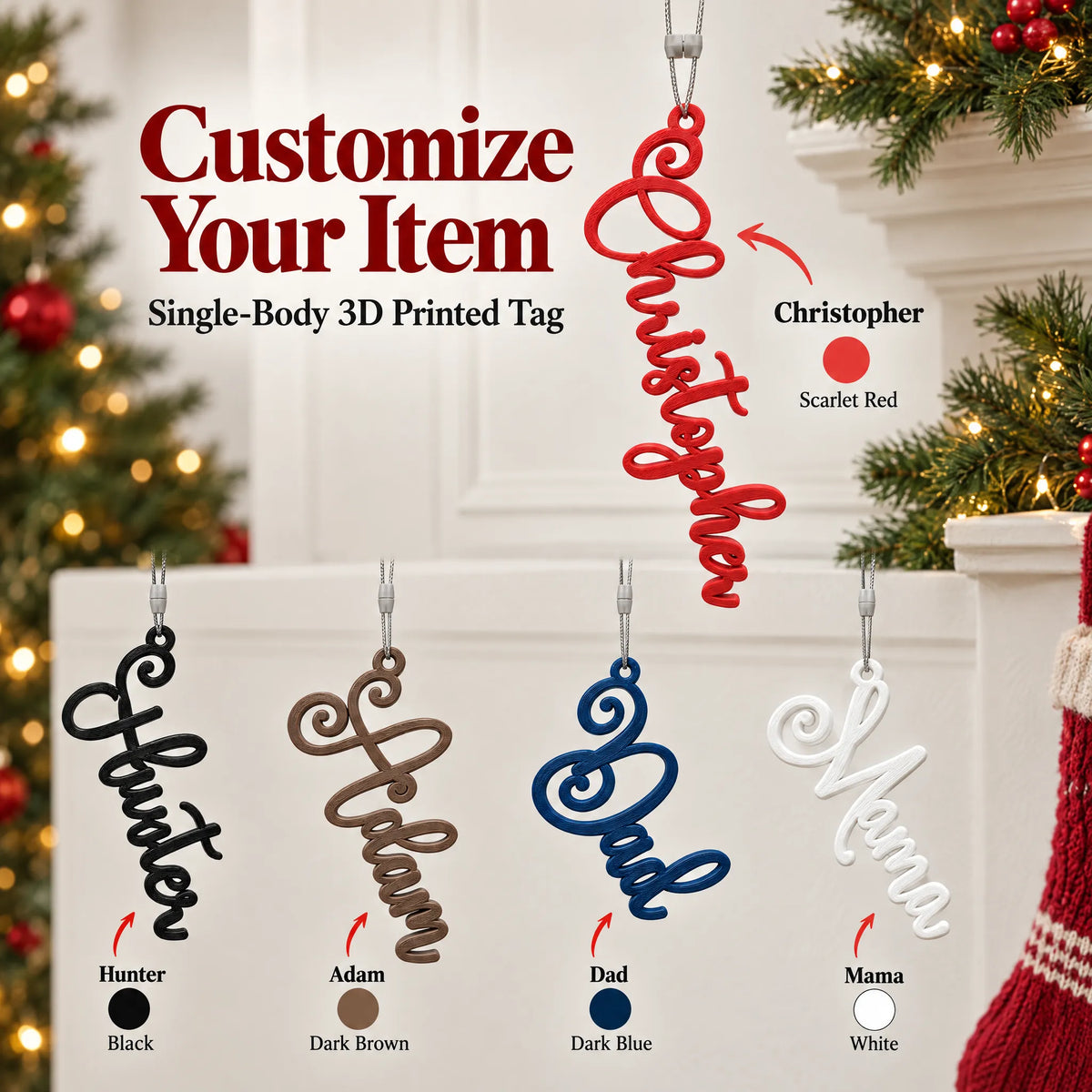 Customize your Elegant Script Christmas Stocking Name Tag: pick the tag color for each name
