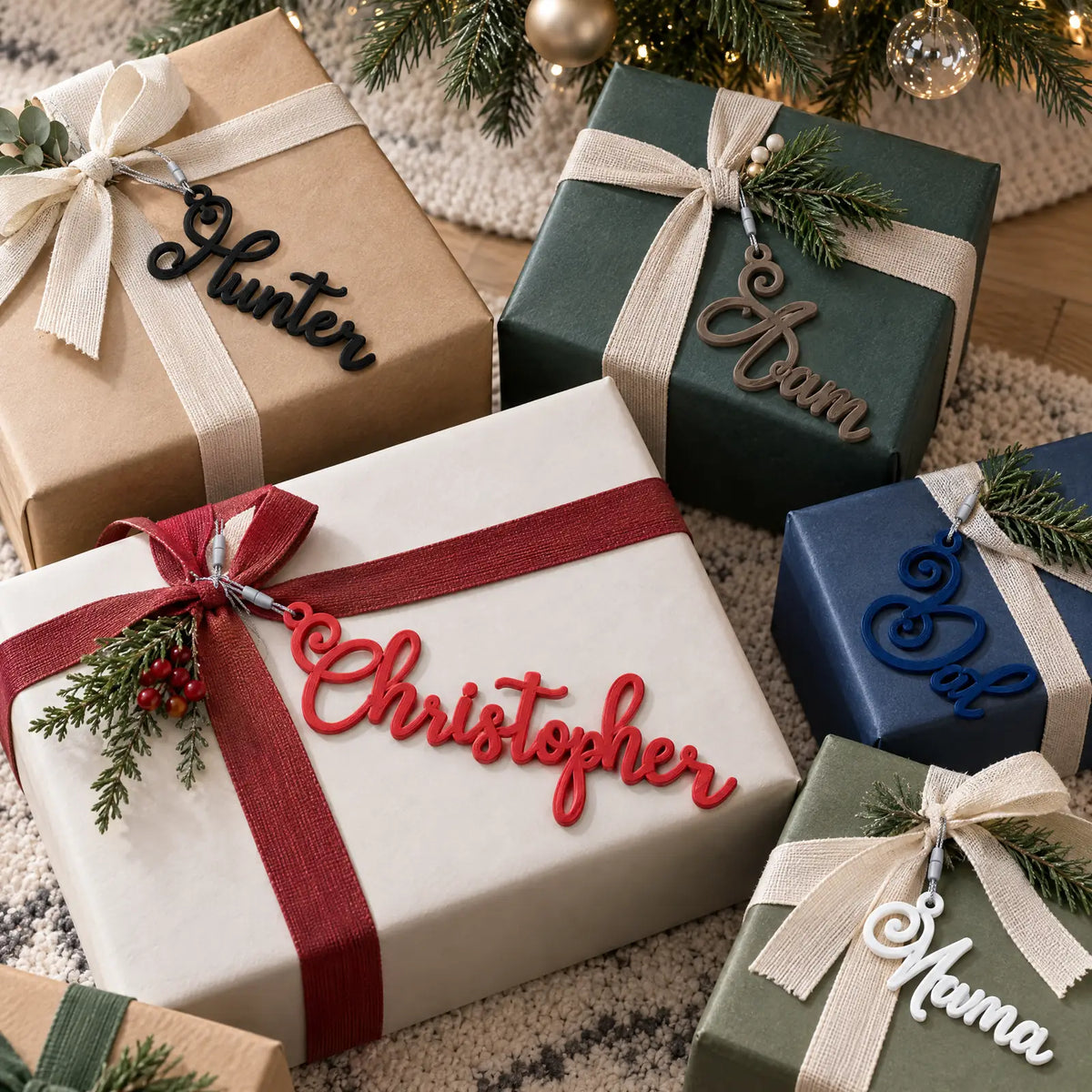 Elegant Script stocking name tags tied on wrapped Christmas presents as personalized gift tags