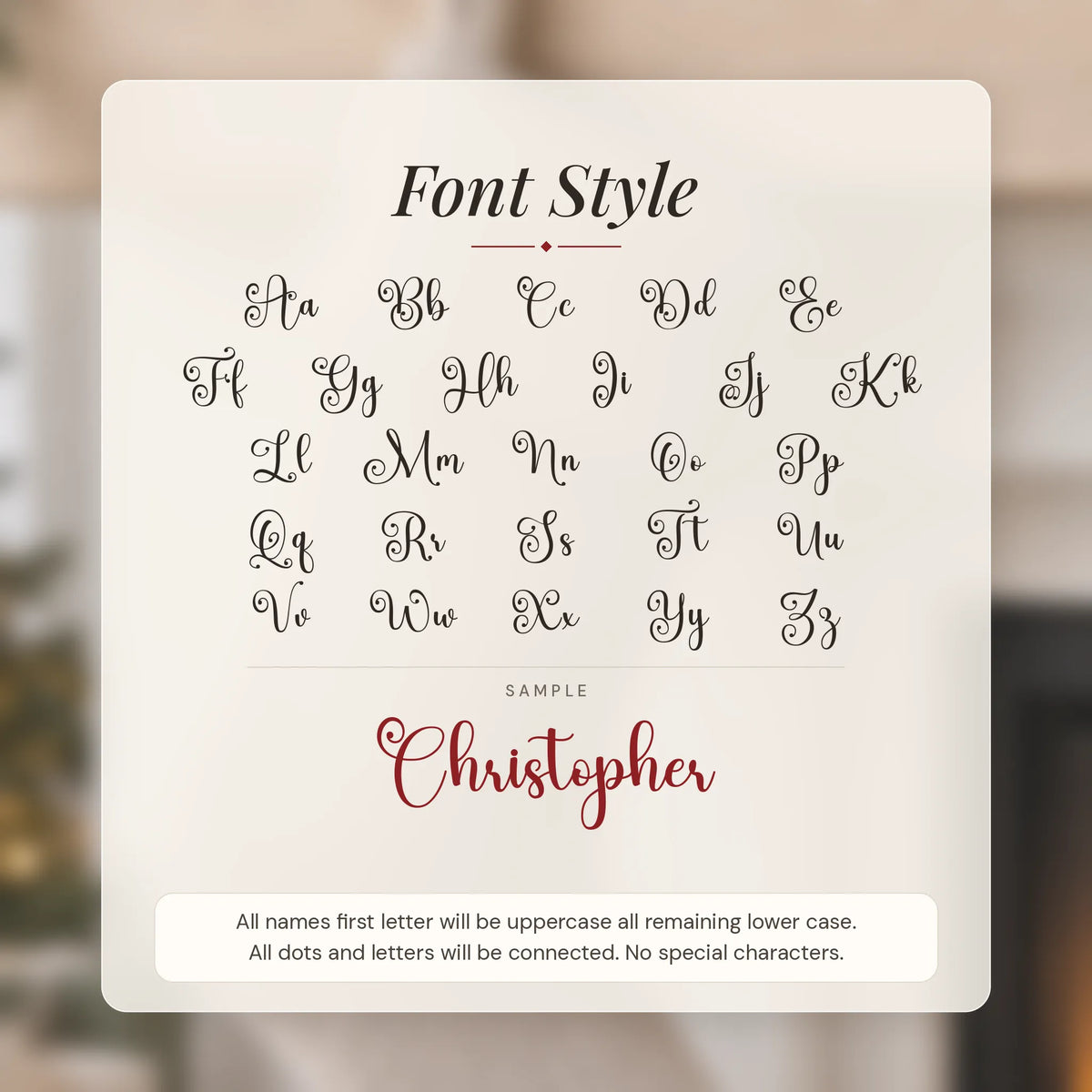 Elegant Script Christmas Stocking Name Tag letter guide A to Z: first letter capital, connected cursive letters