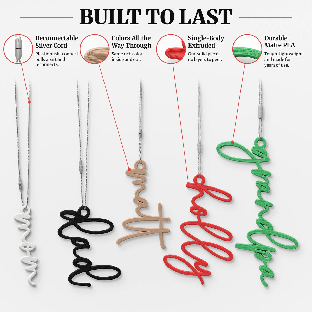 Lowercase Script Christmas Stocking Name Tag details: silver cord, color all the way through, one-piece build, matte PLA