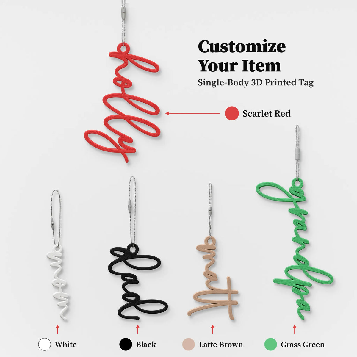 Customize your Lowercase Script Christmas Stocking Name Tag: pick the tag color for each name