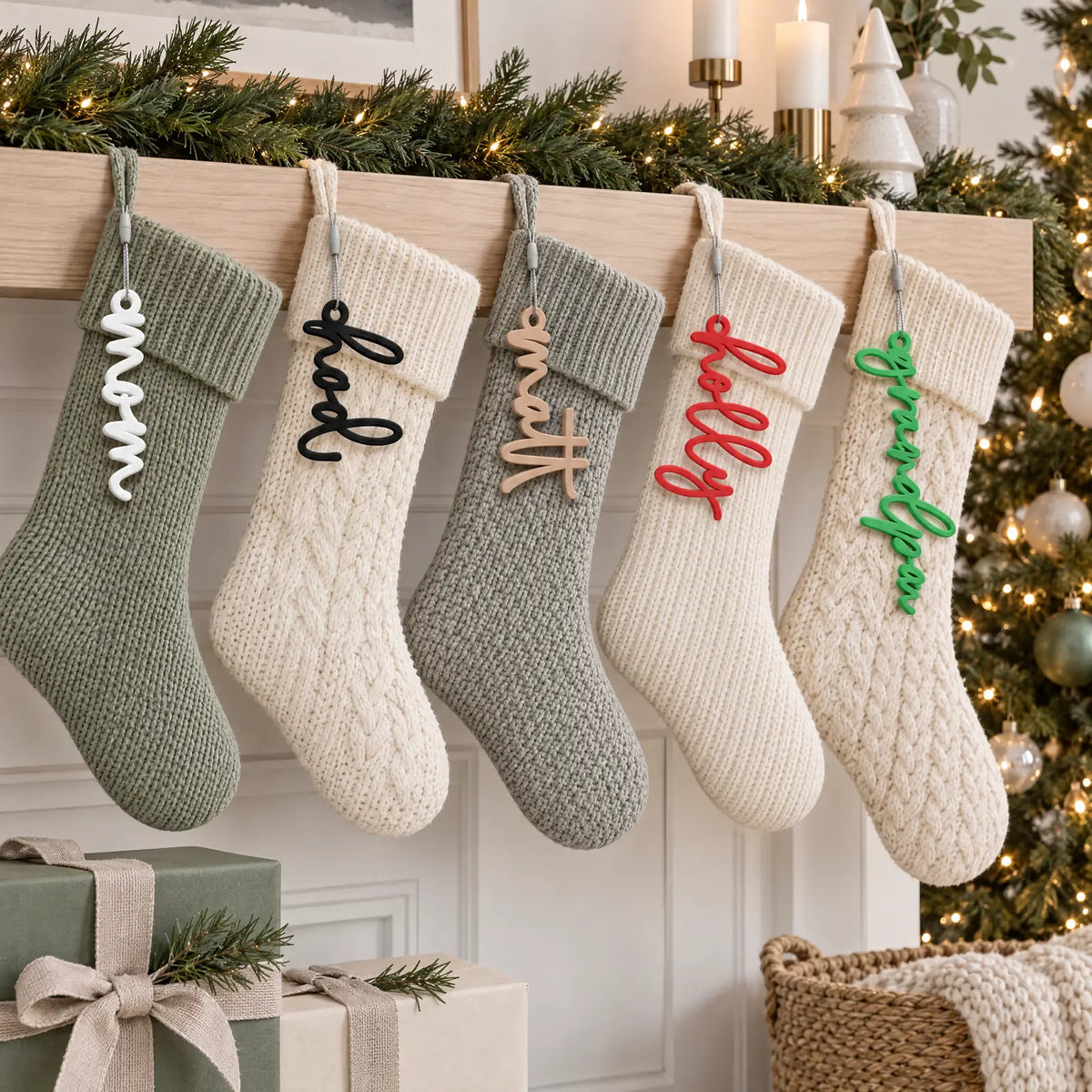 Lowercase Script stocking name tags on a row of Christmas stockings along a mantel with a decorated tree