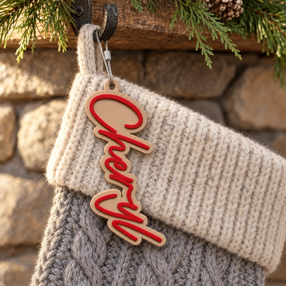 Modern Script Christmas Stocking Name Tag: red script on a white backing, name Cheryl, on a knit Christmas stocking