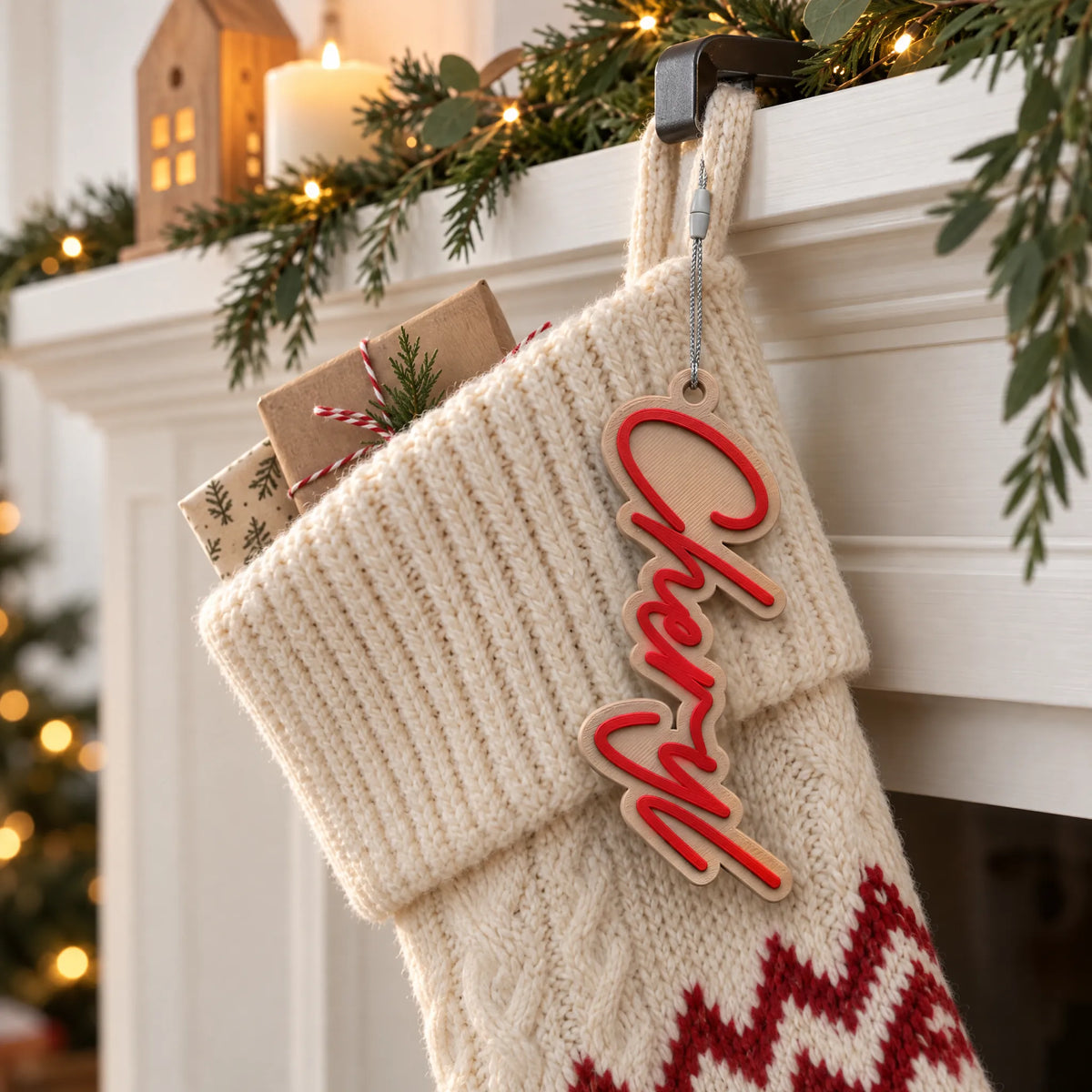Modern Script stocking name tag hanging on the cuff of a knit Christmas stocking by the fireplace