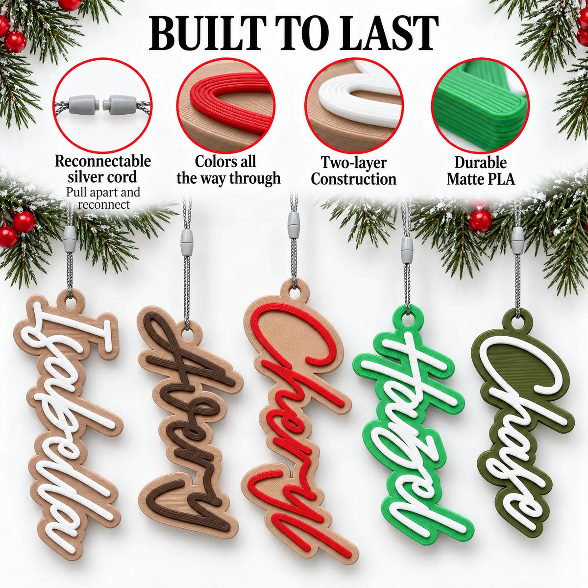 Modern Script Christmas Stocking Name Tag details: silver cord, color all the way through, two-layer build, matte PLA