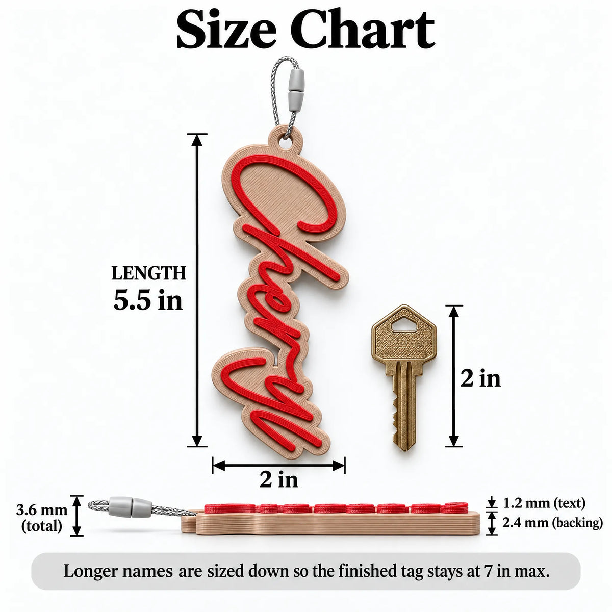 Modern Script Christmas Stocking Name Tag size chart: about 5.5 in long, 2 in wide, beside a house key; 7 in max
