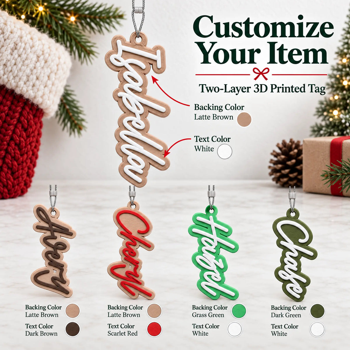Customize your Modern Script Christmas Stocking Name Tag: pick the letter and backing colors for each name