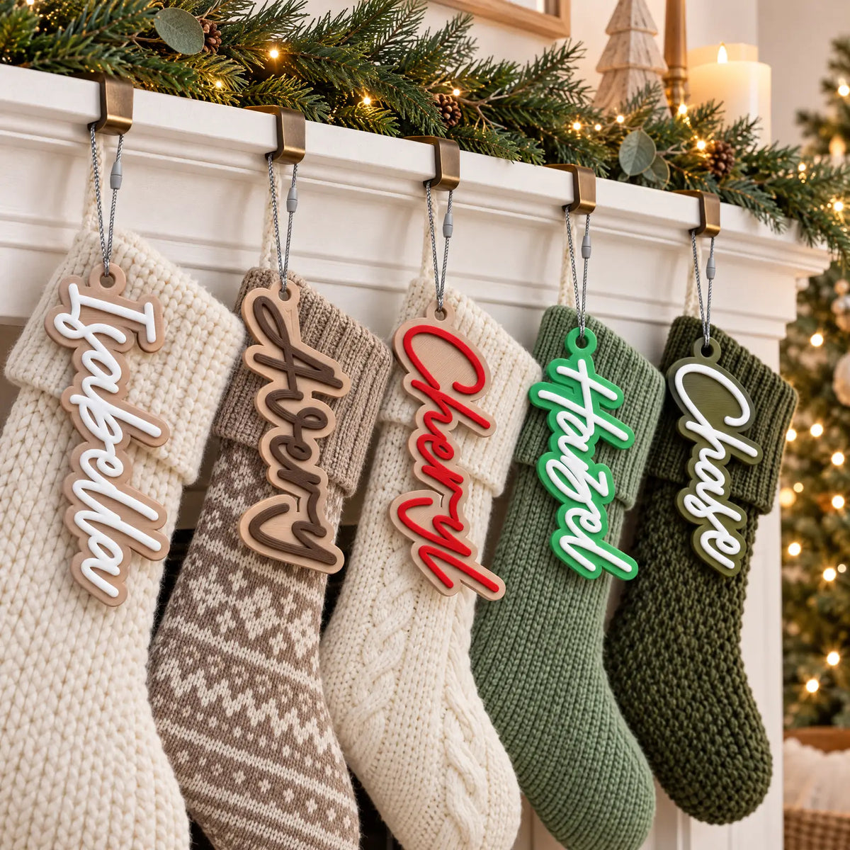Modern Script stocking name tags on a row of Christmas stockings along a mantel with a decorated tree