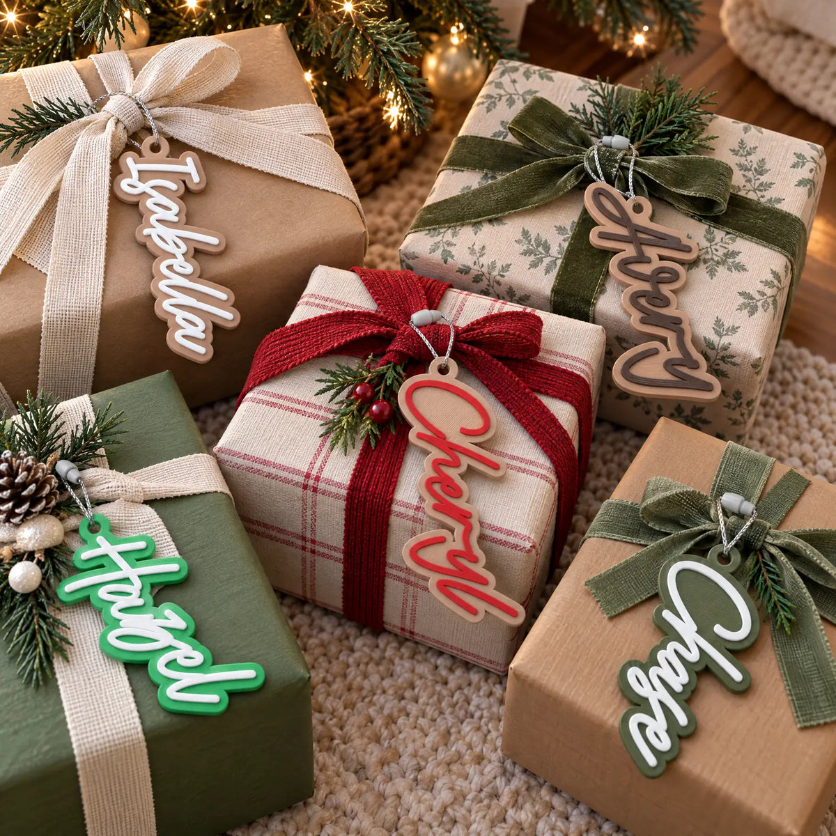 Modern Script stocking name tags tied on wrapped Christmas presents as personalized gift tags