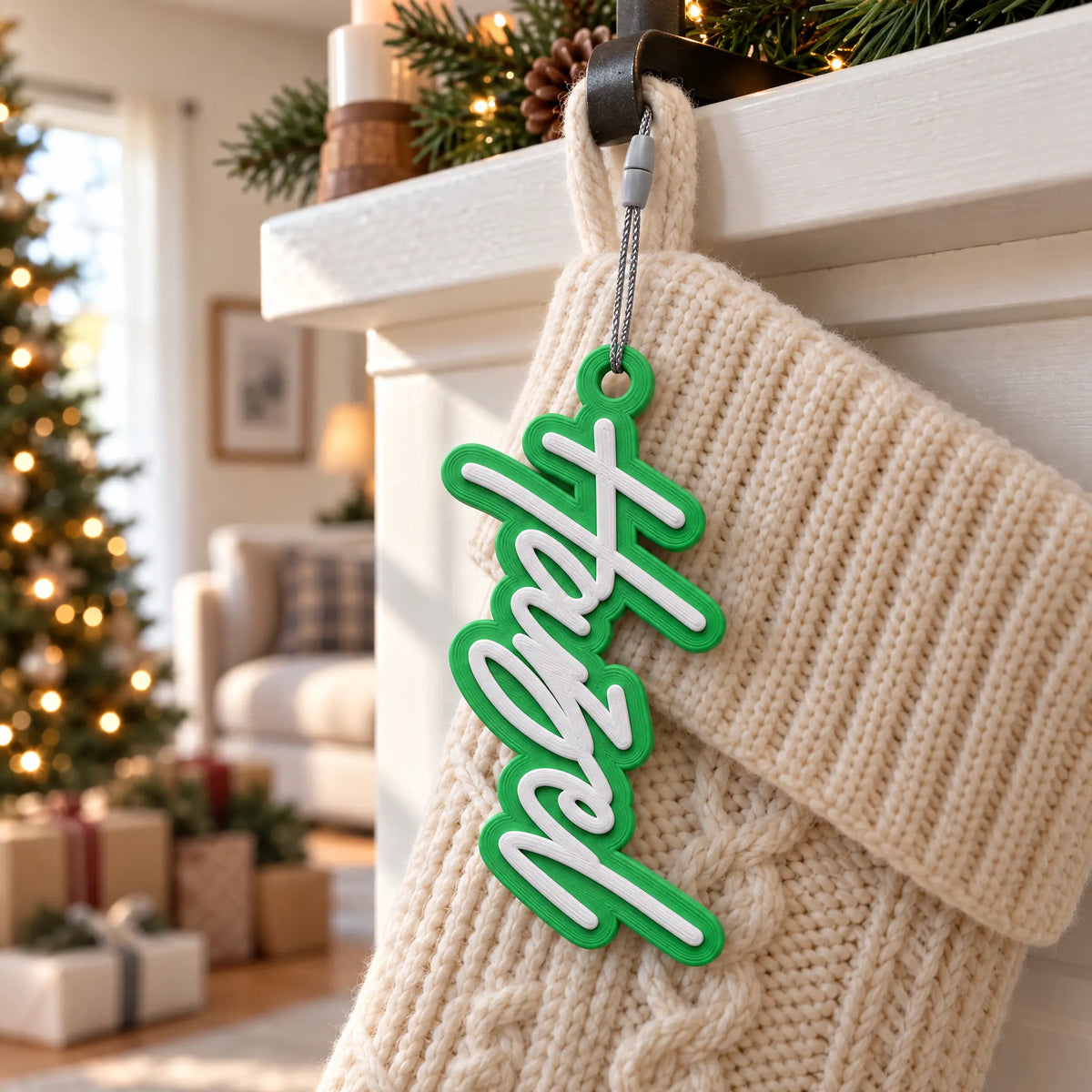 Modern Script Christmas Stocking Name Tag hanging on a Christmas stocking on Christmas morning