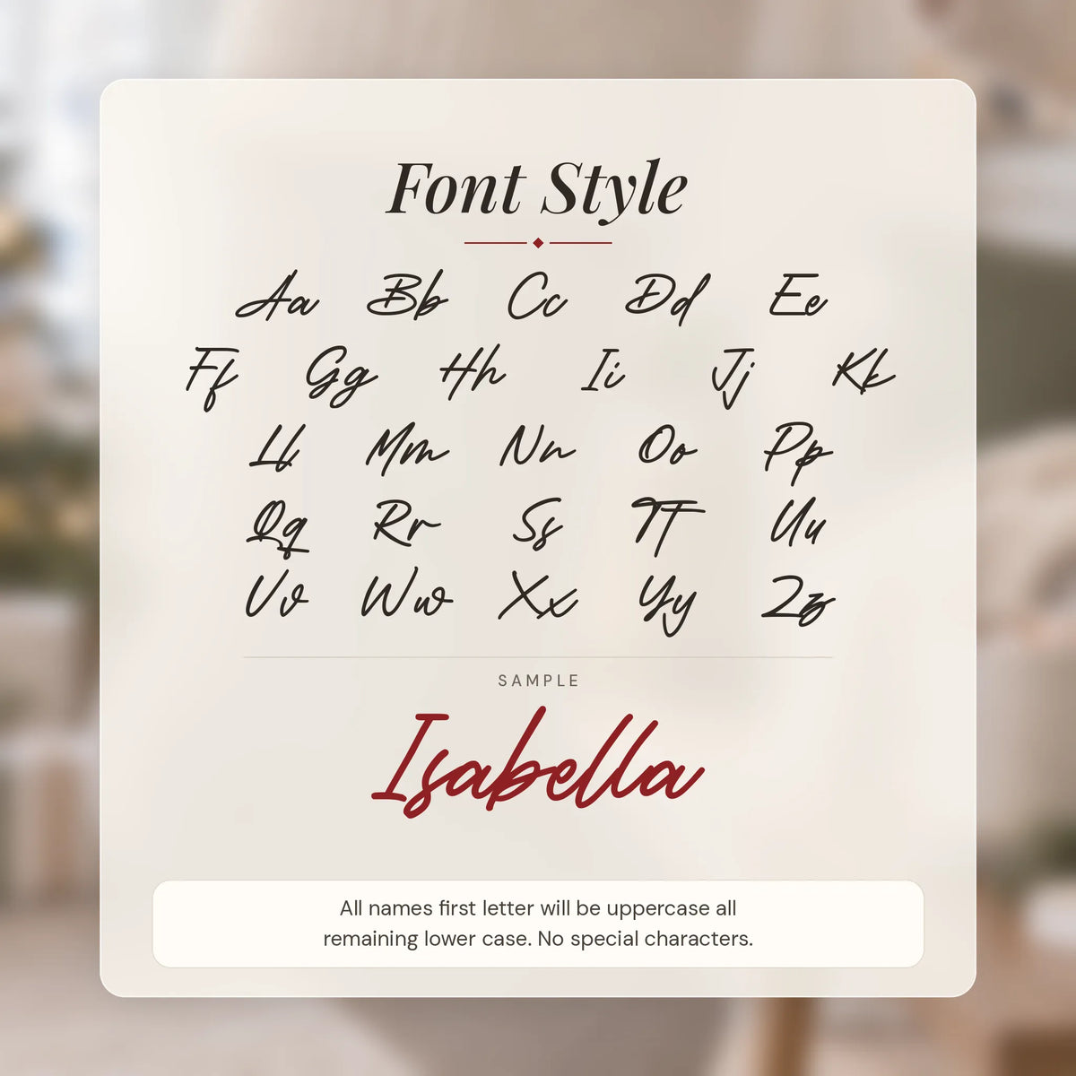 Modern Script Christmas Stocking Name Tag letter guide A to Z: first letter capital, the rest lowercase