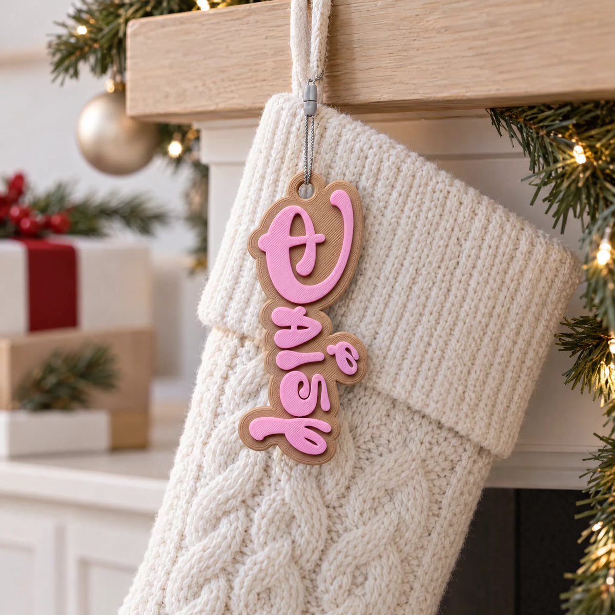 Storybook stocking name tag hanging on the cuff of a knit Christmas stocking by the fireplace
