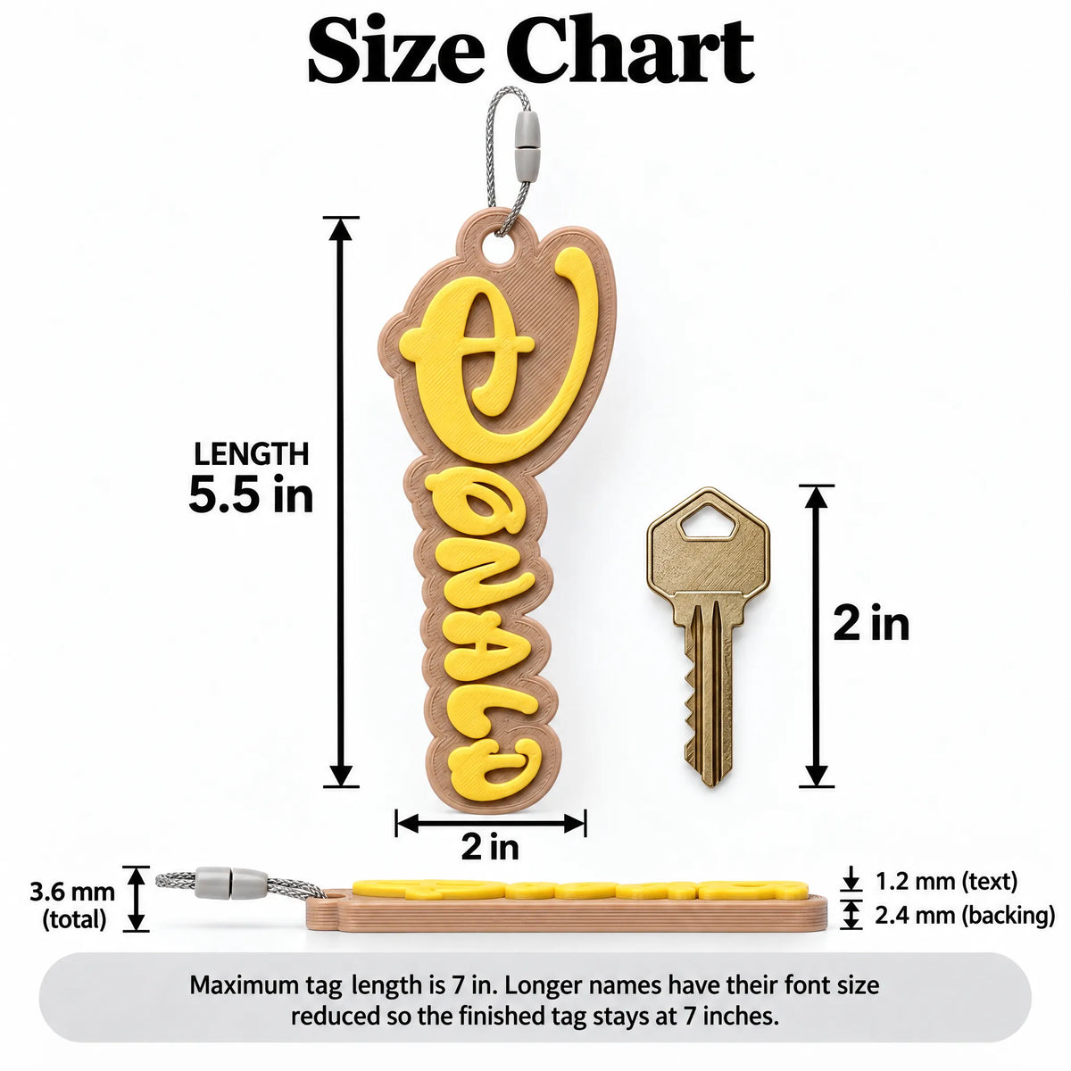 Storybook Christmas Stocking Name Tag size chart: about 5.5 in long, 2 in wide, beside a house key; 7 in max