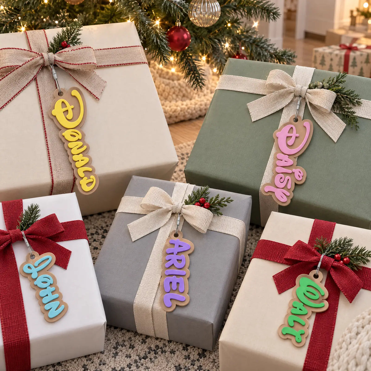 Storybook stocking name tags tied on wrapped Christmas presents as personalized gift tags