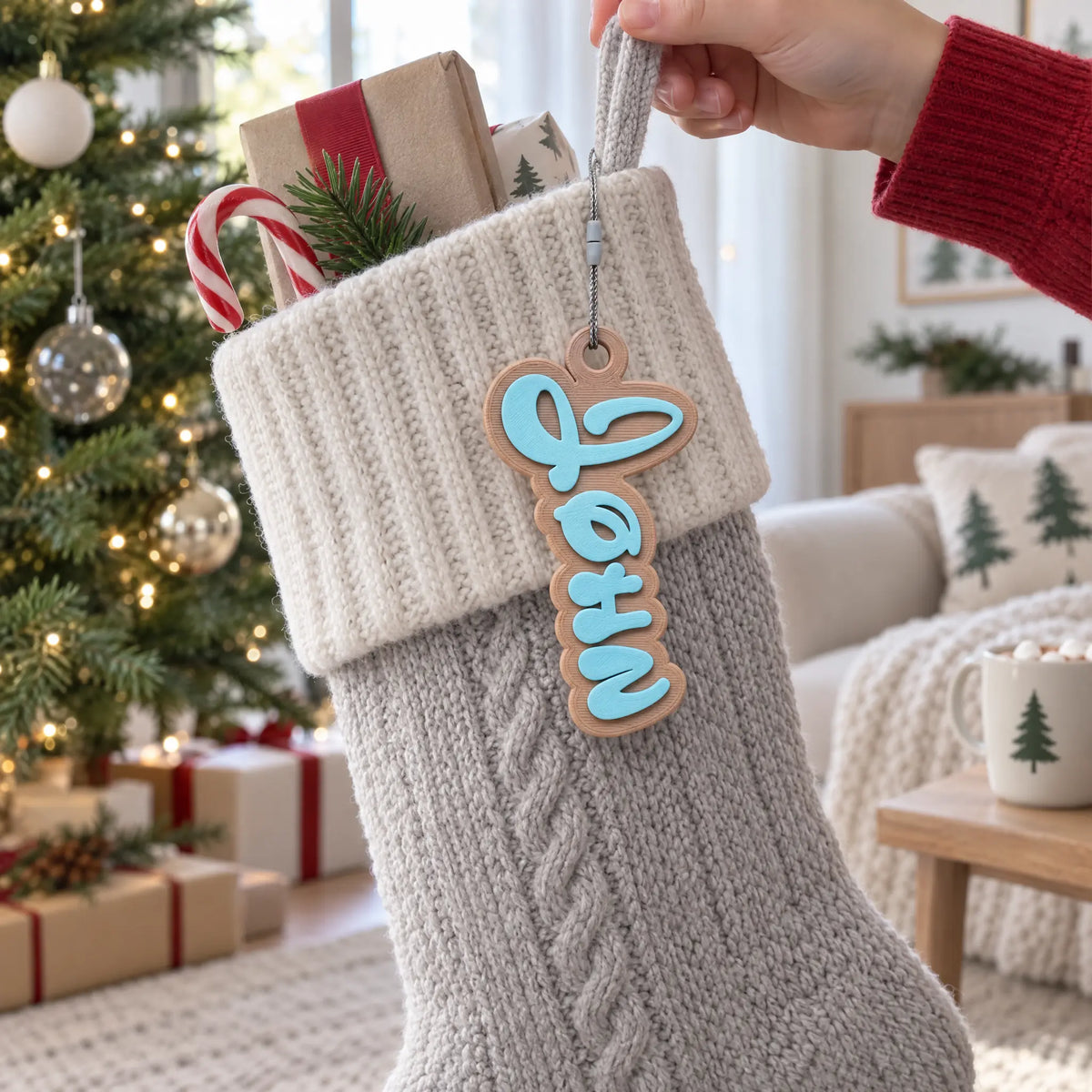 Storybook Christmas Stocking Name Tag hanging on a Christmas stocking on Christmas morning
